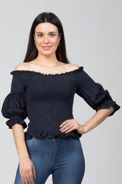 Blusinha Jeans Ciganinha Lastex  BL2021452
