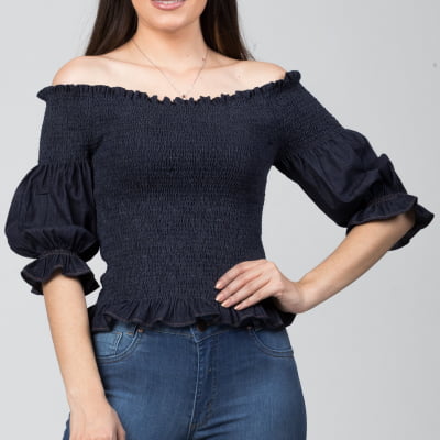 Blusinha Jeans Ciganinha Lastex  BL2021452