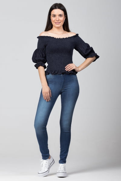 Blusinha Jeans Ciganinha Lastex  BL2021452