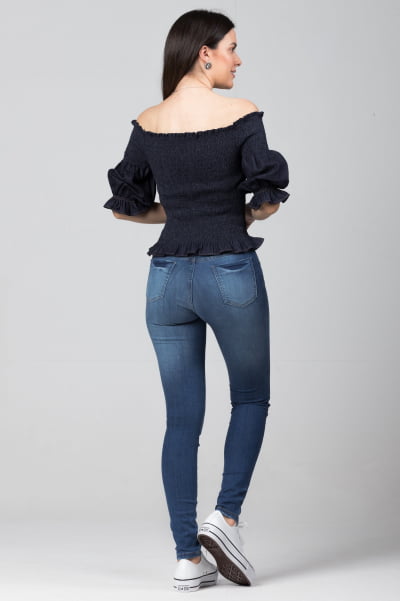 Blusinha Jeans Ciganinha Lastex  BL2021452