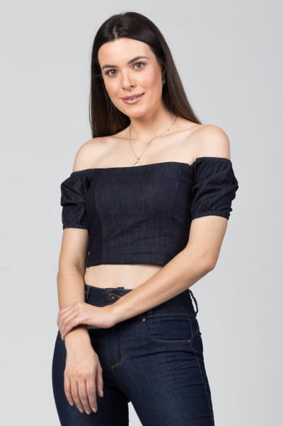 Blusinha Jeans Cropped Lastex BL2021455