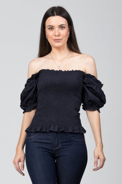 Blusinha Jeans Lastex Com Manga Bufante  BL2021450