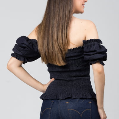 Blusinha Jeans Lastex Com Manga Bufante  BL2021450