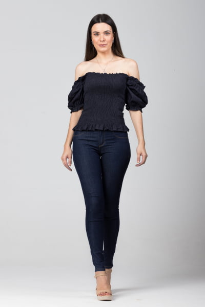 Blusinha Jeans Lastex Com Manga Bufante  BL2021450