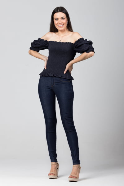 Blusinha Jeans Lastex Com Manga Bufante  BL2021450