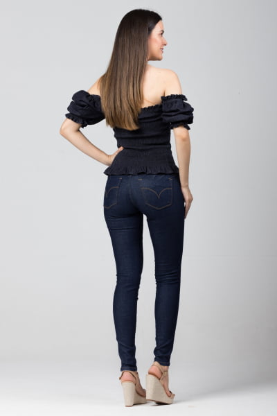 Blusinha Jeans Lastex Com Manga Bufante  BL2021450