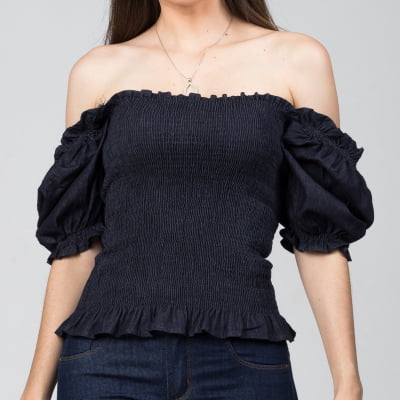 Blusinha Jeans Lastex Com Manga Bufante  BL2021450