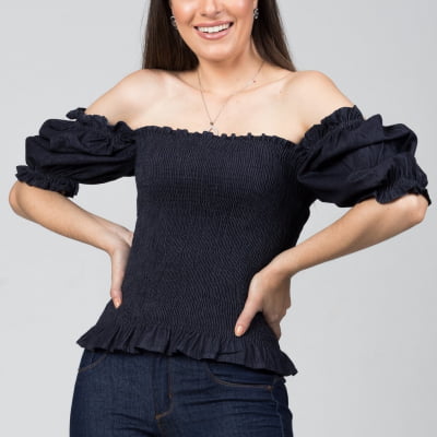 Blusinha Jeans Lastex Com Manga Bufante  BL2021450