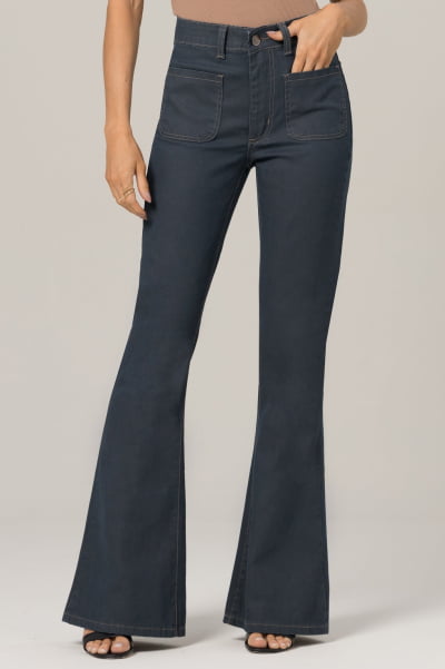 Calça Flare Jeans Azul Escuro com Bolso Frontal F2023148
