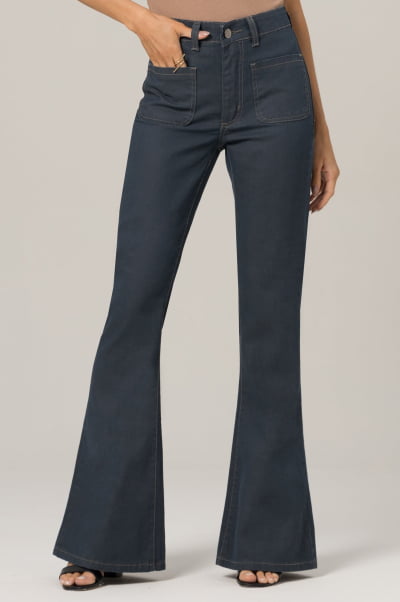 Calça Flare Jeans Azul Escuro com Bolso Frontal F2023148