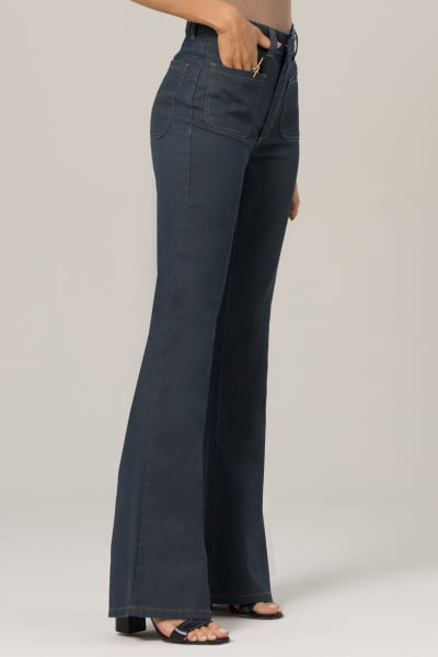 Calça Flare Jeans Azul Escuro com Bolso Frontal F2023148