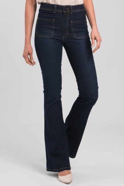 Calça Flare Jeans Escuro com Bolsos Frontais F2933