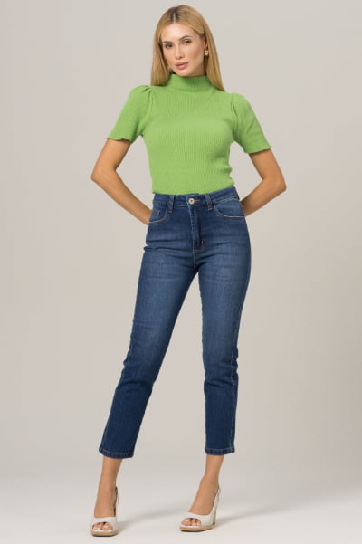 Calça Jeans Feminina Reta Cropped Azul Médio F2023149