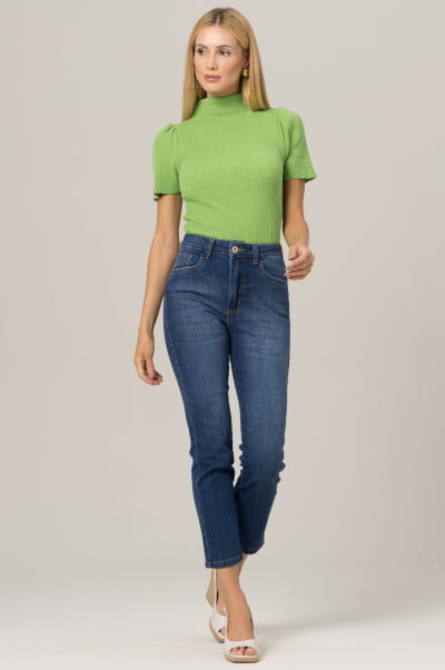 Calça Jeans Feminina Reta Cropped Azul Médio F2023149