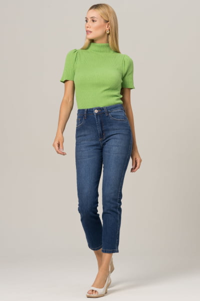 Calça Jeans Feminina Reta Cropped Azul Médio F2023149