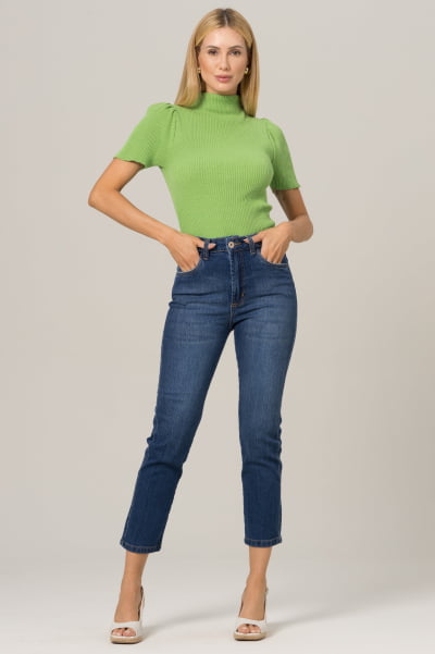 Calça Jeans Feminina Reta Cropped Azul Médio F2023149