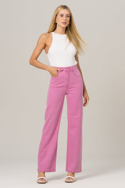 Calça Wide Leg Rosa Stonada F2022900