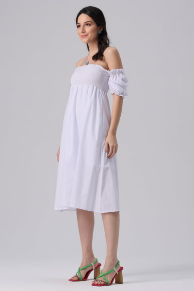 Vestido Lastex Manga Bufante Branco VT026