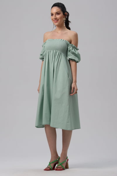 Vestido Lastex Manga Bufante Verde Olíva VT025