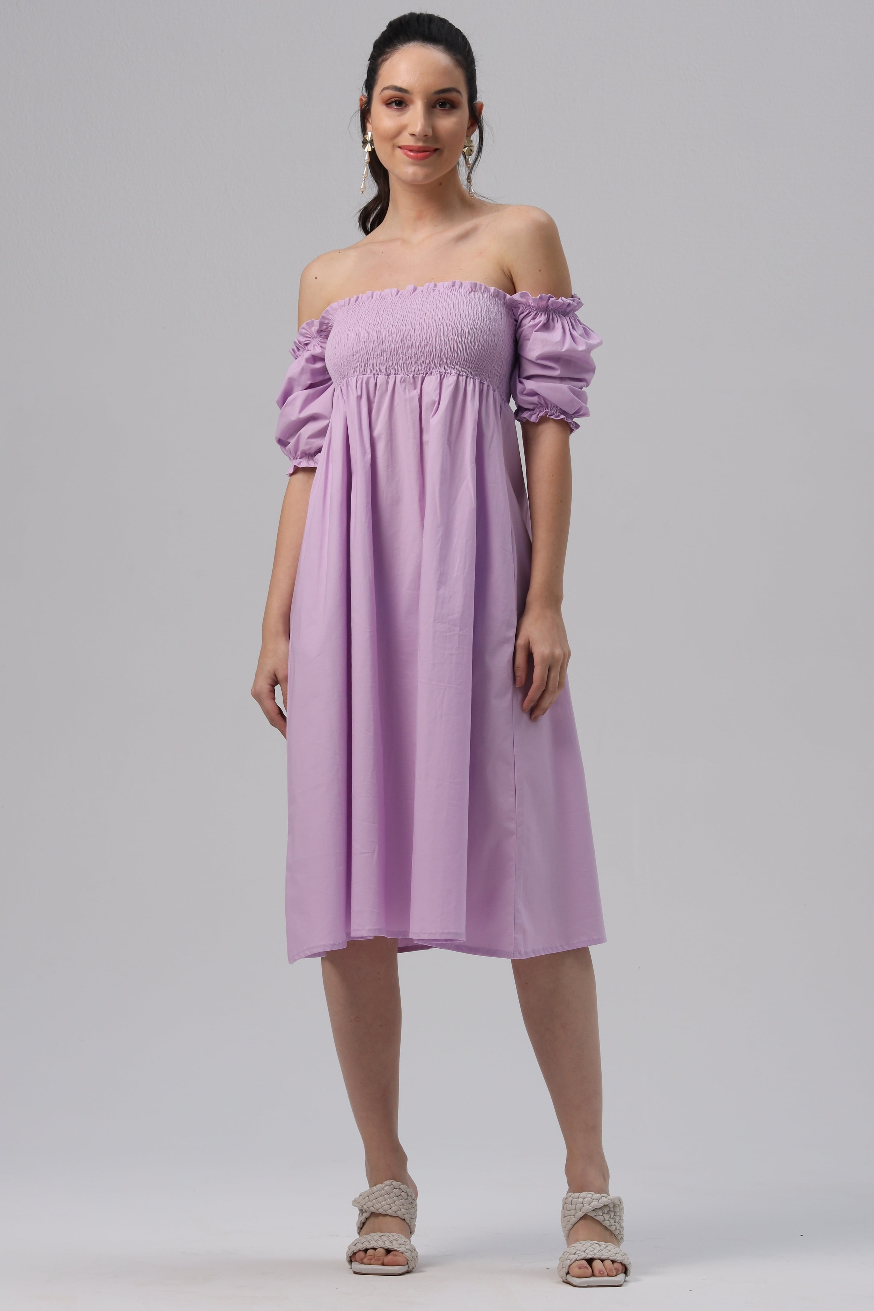 Vestido Lastex Manga Bufante Lilas VT028